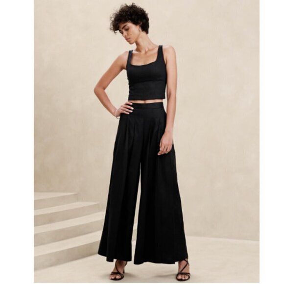 Banana Republic Linen-Blend PALAZZO Black BOHO Pant Size 4 PETITE #852050 RT$110 - Picture 2 of 7